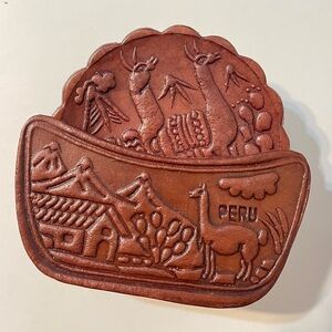 Vintage 6 Peruvian hand Tooled Embossed Leather Coaster set of 6 Brown Art